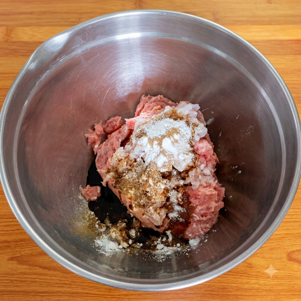 ステンレス製のボウルの中で、調味料とみじん切りの豚肉が重なっている様子。