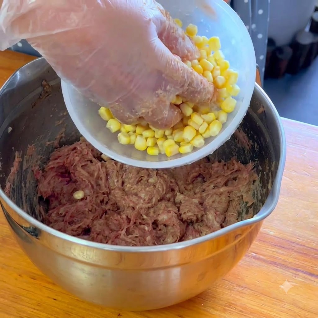 小さなボウルから、混ぜ合わせた豚肉に鮮やかな黄色のコーン粒が加えられている様子。