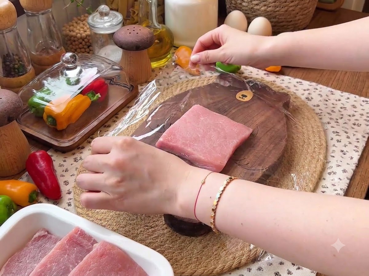 木製のカッティングボード上の豚ヒレ肉が、透明なラップで覆われている様子。