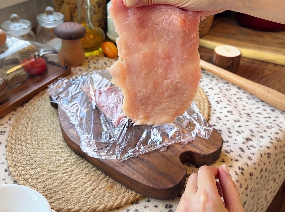 ラップを敷いた木製のカッティングボードの上で、新しく平らにした豚ヒレ肉を持ち上げている様子。
