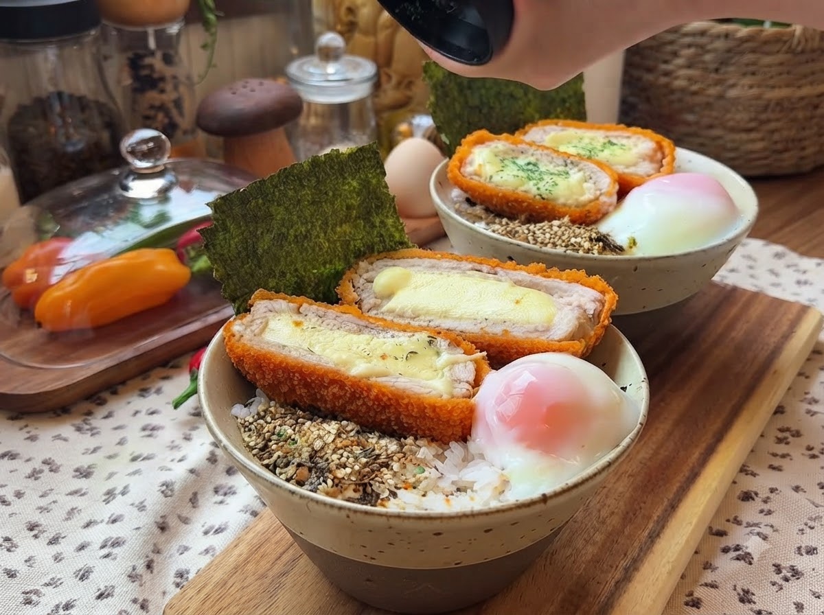 セラミックのボウルに入った、温泉卵と海苔を添えてご飯の上に盛り付けられたサクサクのチーズポークカツレツの完成した料理。