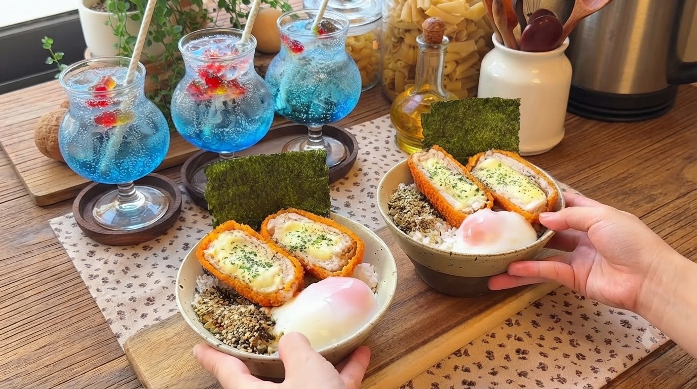 とろーりチーズのポークカツレツ丼 温泉卵と金魚のブルーバブルドリンク添え