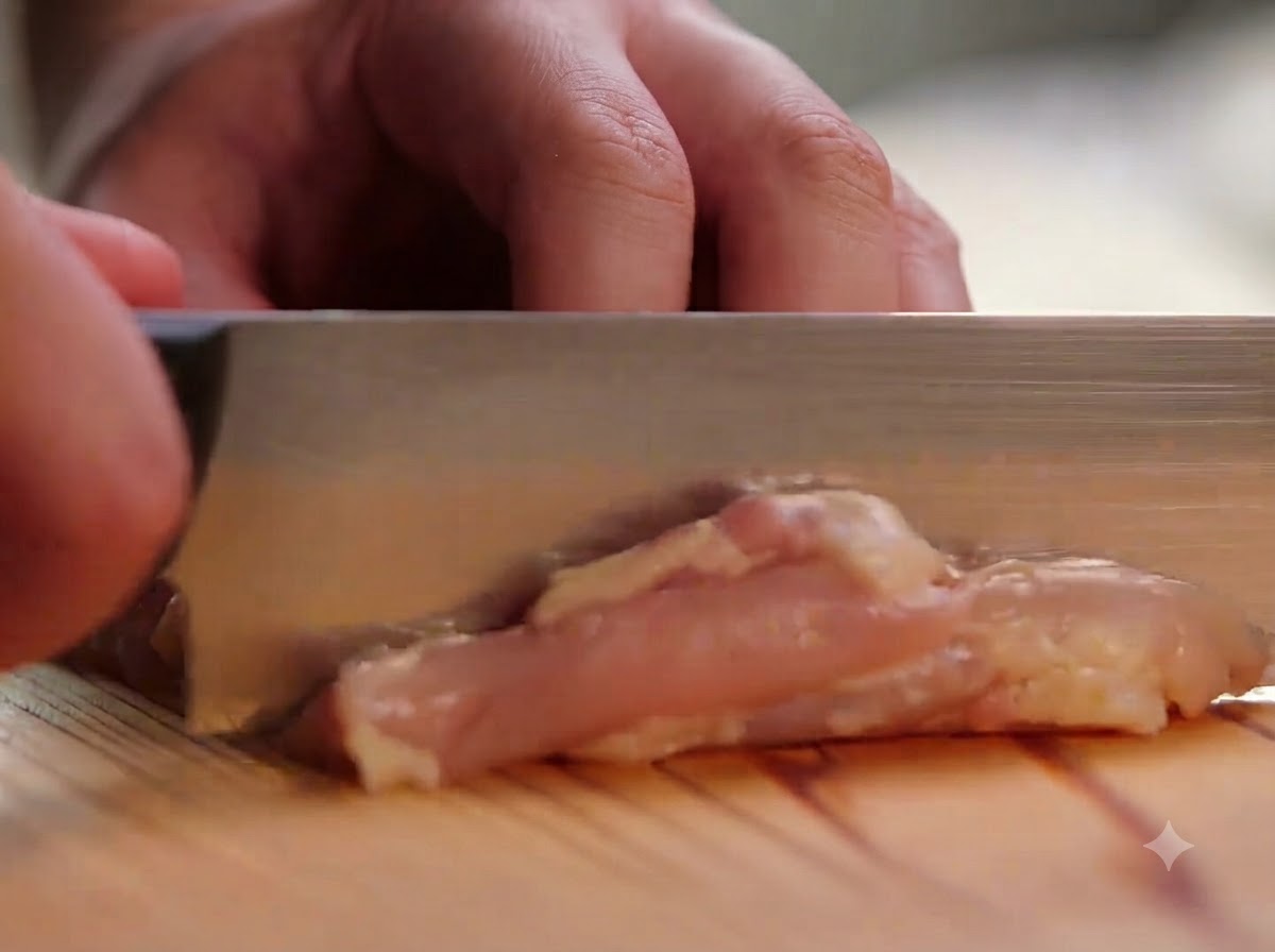 木製のまな板の上で、包丁を使って骨なし鶏もも肉を一口大にスライスしている様子。