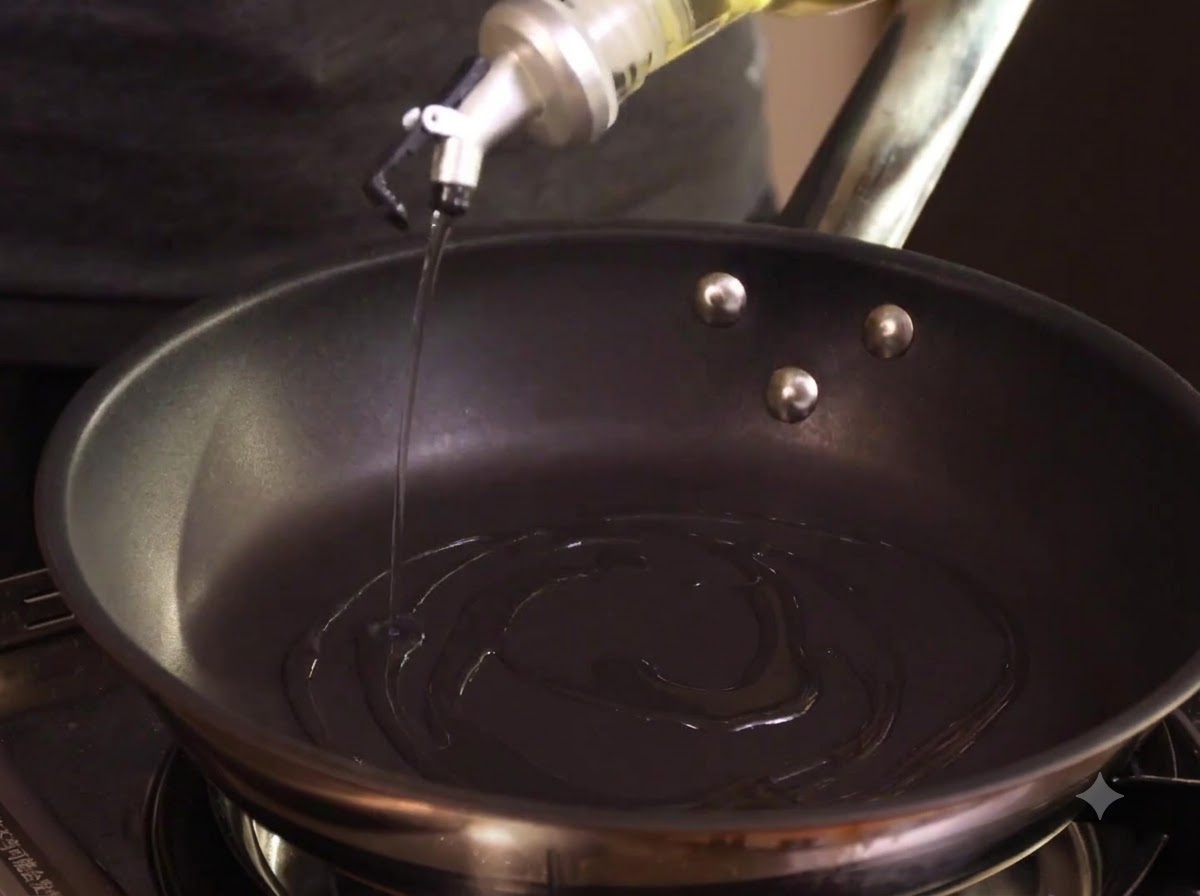 熱した油を引いたフライパンに、下味をつけた鶏肉を入れて炒めている様子。