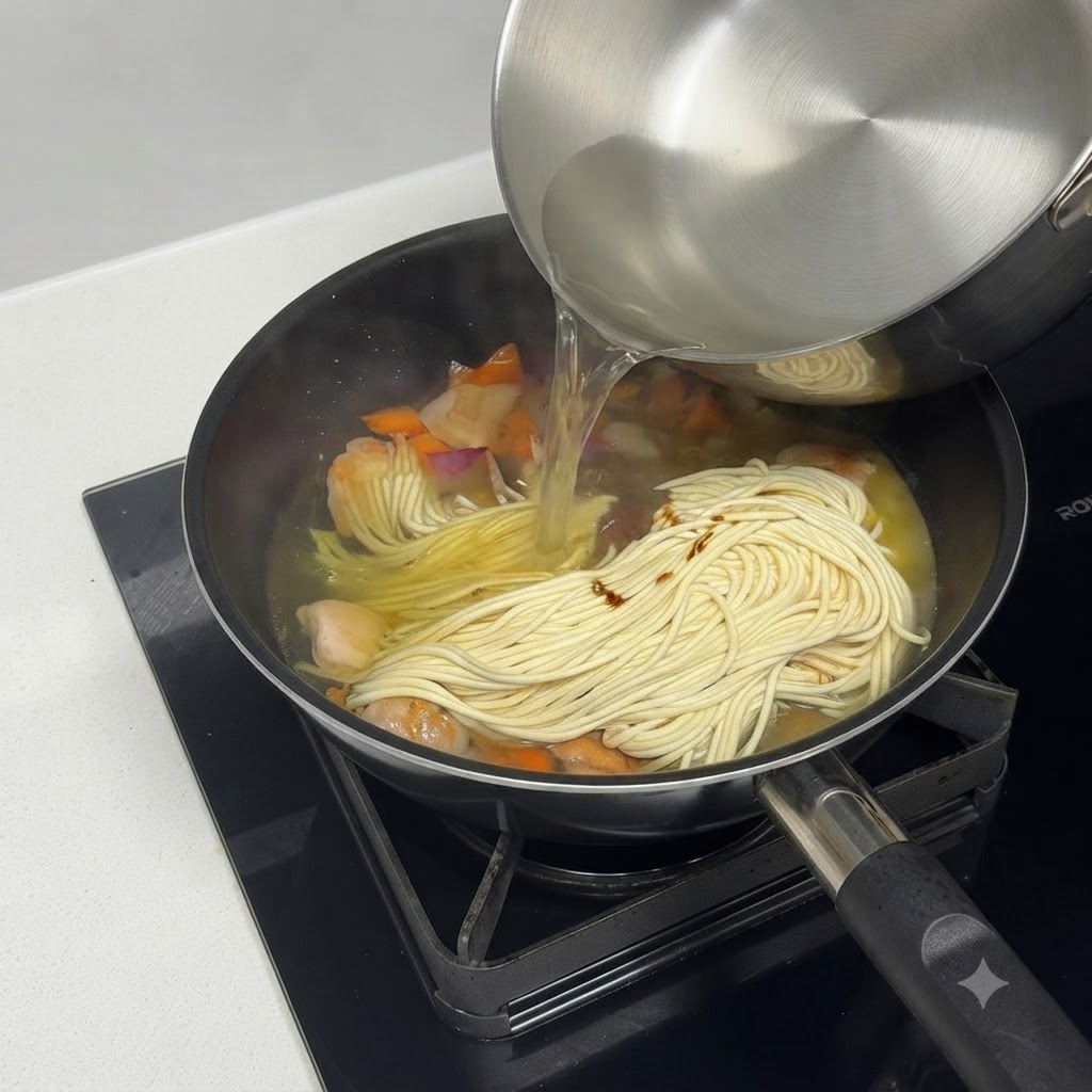 蓋をして中身を蒸し煮にしているフライパンの様子。