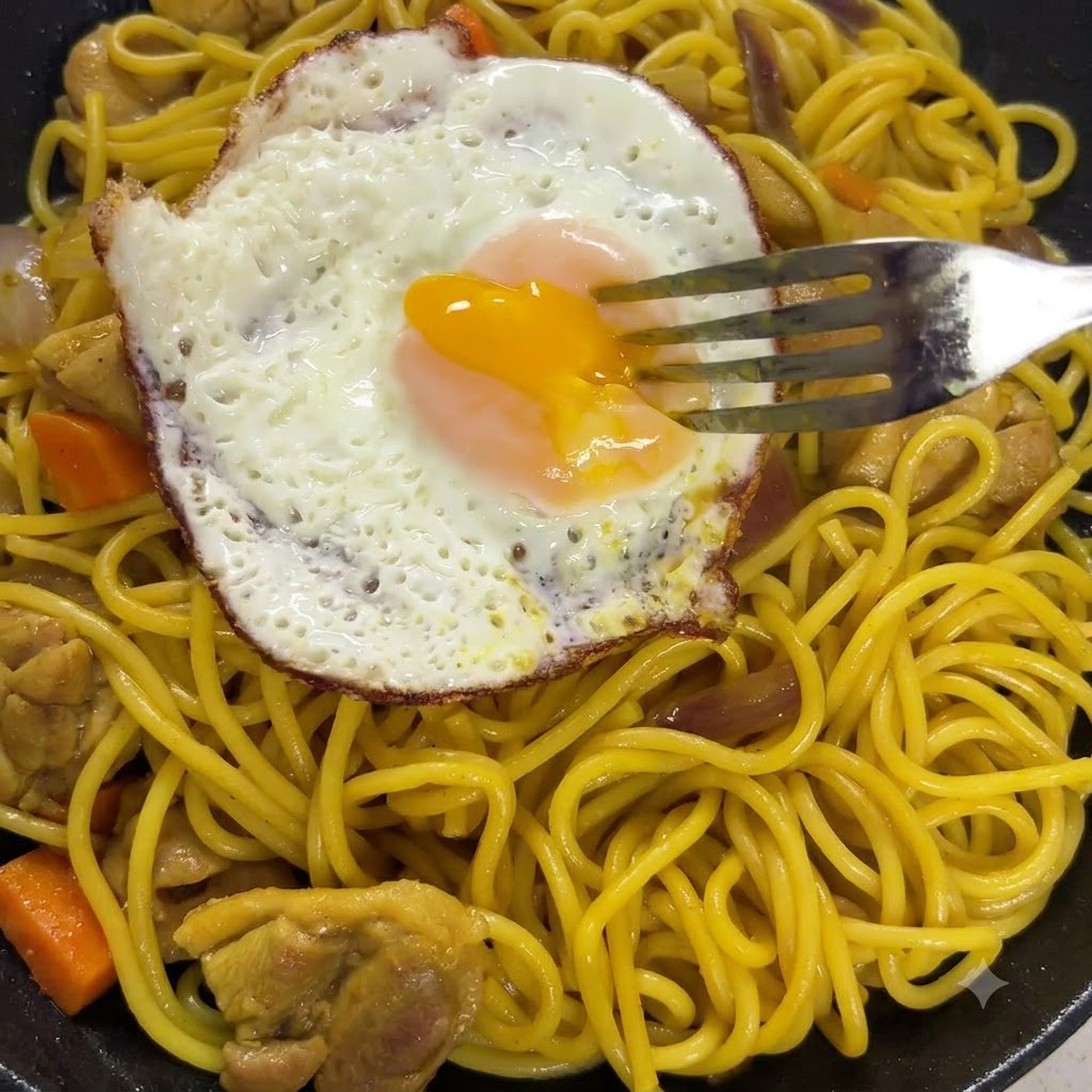 フライパンの中で箸を使い、麺と濃厚なカレーソースをしっかりと混ぜ合わせている様子。