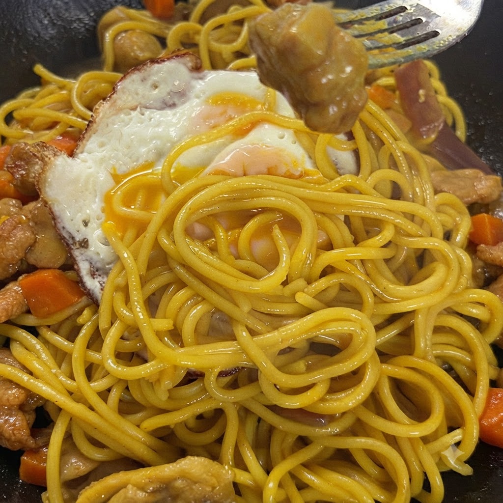 カリッとした縁ととろりとした黄身の目玉焼きがフライパンで焼かれている様子。