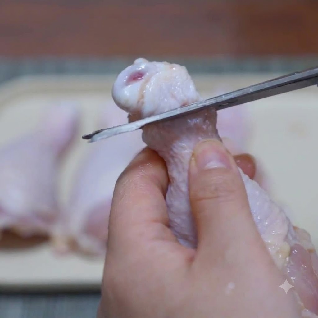 骨を外す準備として、キッチンバサミで鶏もも肉の関節の周りを切っている様子。