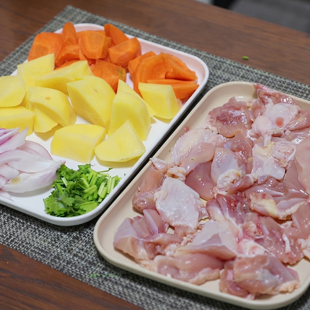 塩と黒こしょうで味付けされ、トレイに並べられたカット済みの鶏肉。