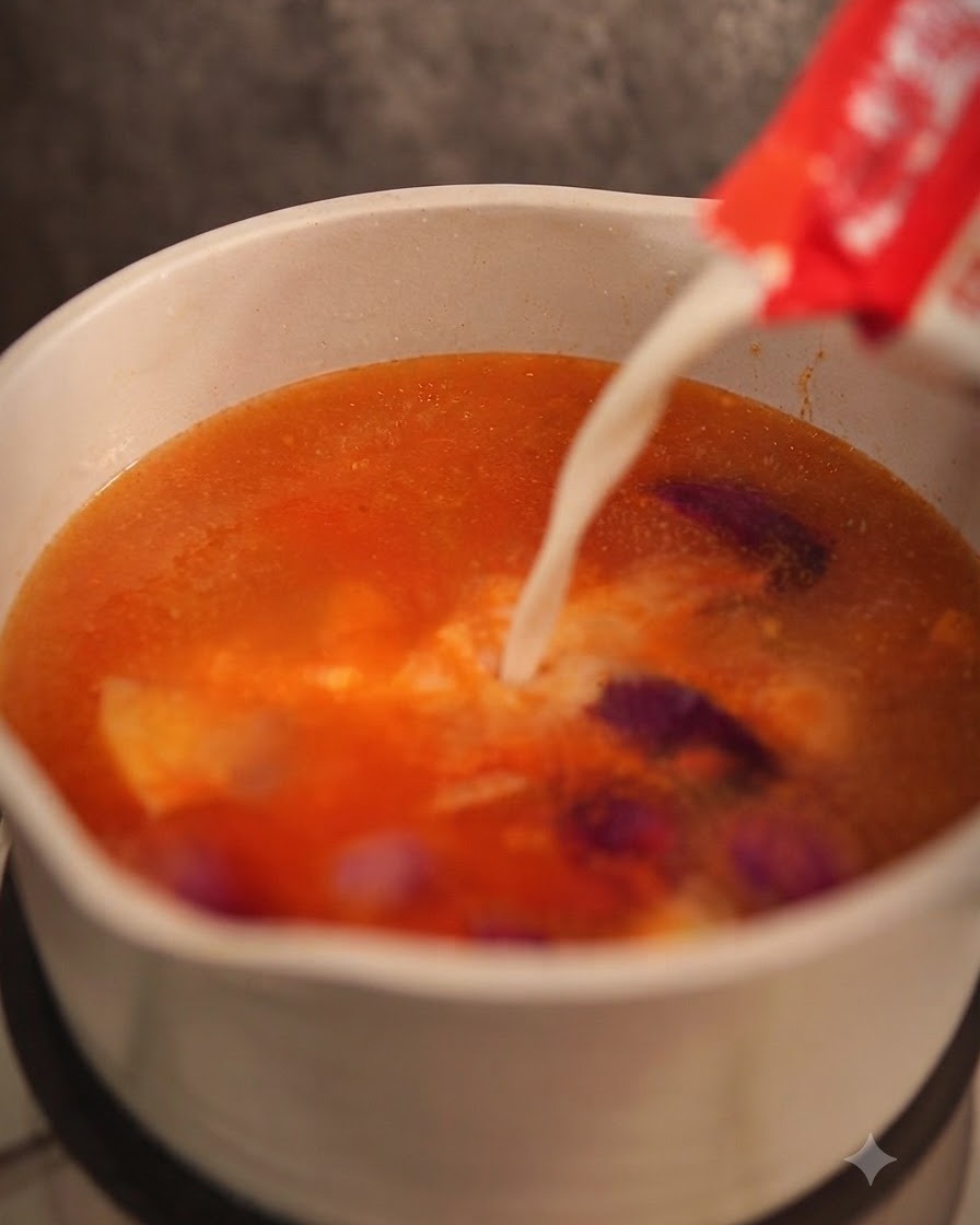 煮立っているレッドカレーのスープに箱から濃厚なココナッツミルクを注いでいる様子。