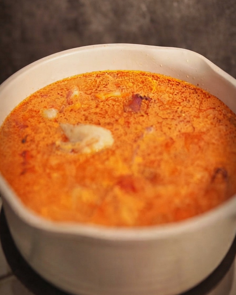 グツグツ煮えるレッドカレーのスープに下茹で済みの鶏肉を戻し入れている様子。