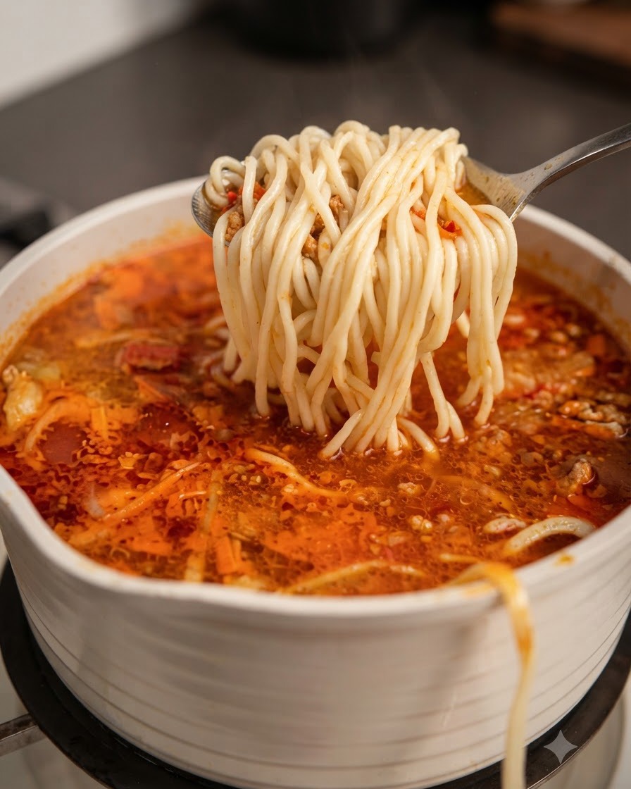 ヌードルスープの入った鍋の上でお玉を使って茹で麺を持ち上げている様子。