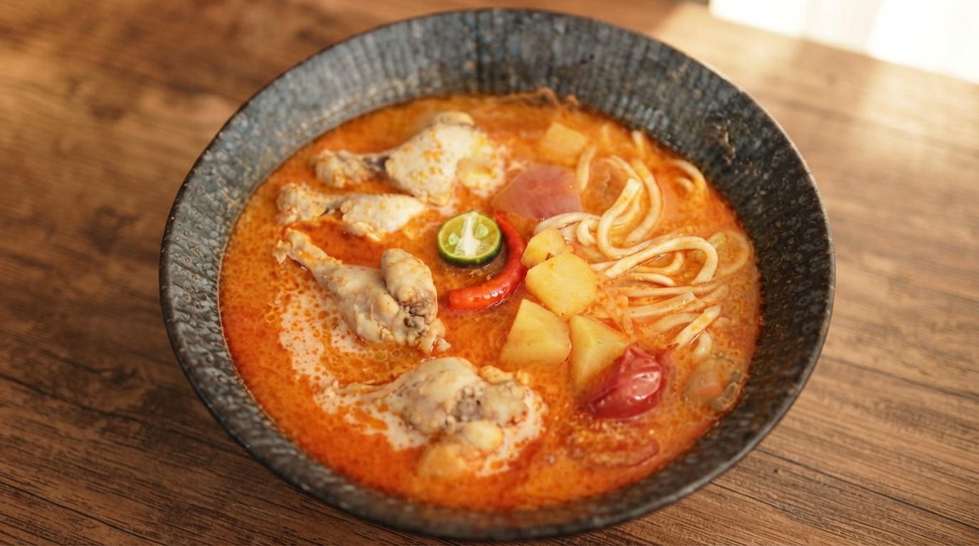タイ風レッドカレーチキンとポテトのヌードルスープ