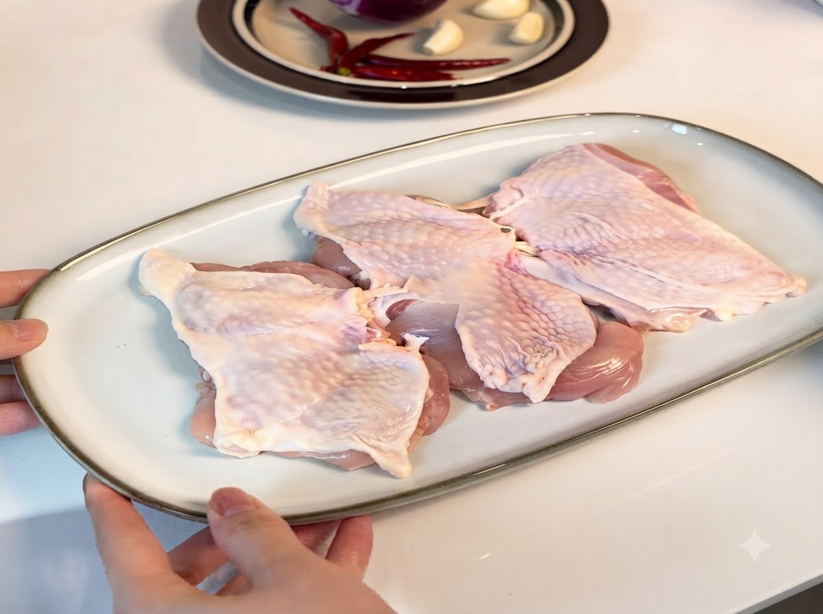 白いサービングプレートに並べられ、調味料がまぶされた骨なし鶏もも肉。