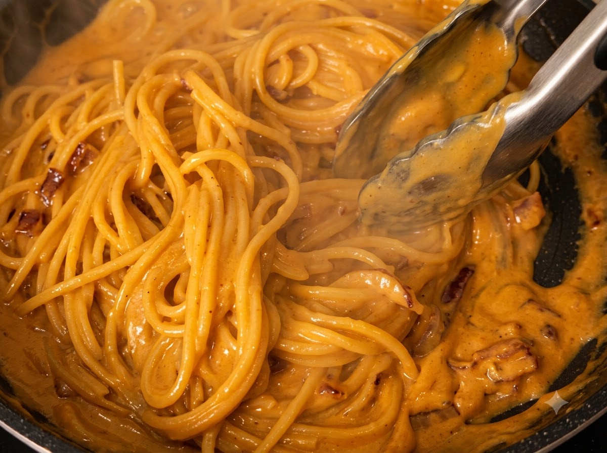 トングを使って、濃厚なカレークリームソースの中でスパゲッティパスタが和えられている様子。
