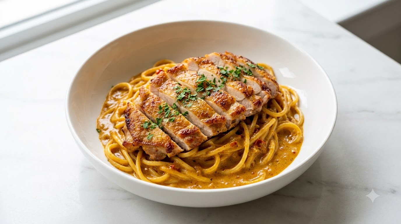 クリーミースパイシーカレーチキンカツパスタ