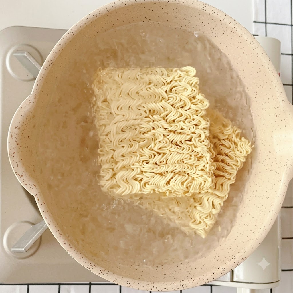 コンロの上の鍋の沸騰したお湯の中に、2個のインスタントラーメンが入っている様子。