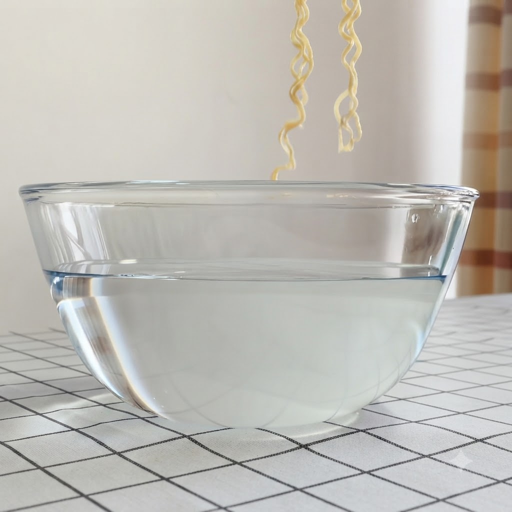 透明なガラスのボウルに入った冷水に、麺を浸している様子。