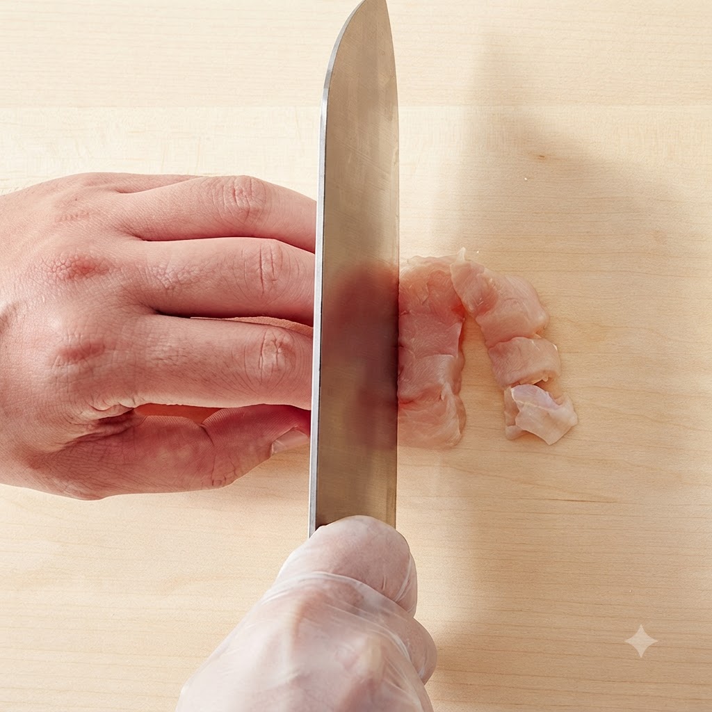 木製のまな板の上で、鶏胸肉を小さく切っている様子。