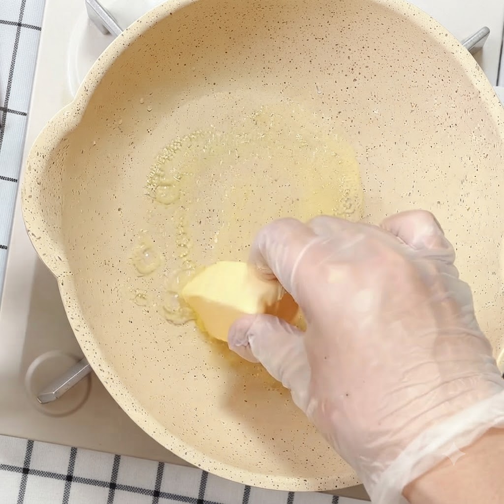 セラミック製のノンスティックパンの中で、黄色いバターが液体に溶けていく様子。