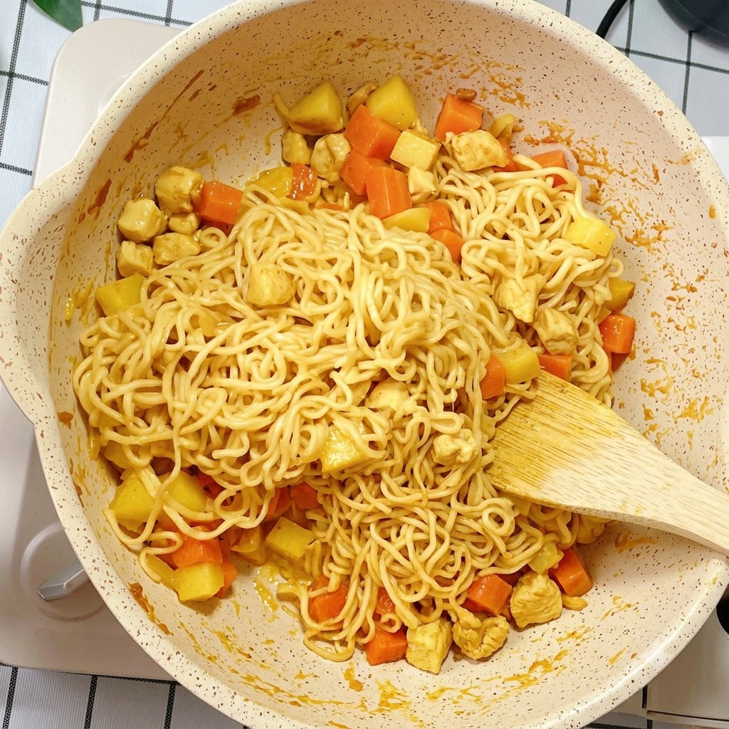 フライパンの中で、インスタントラーメンとカレーの具材が均等に混ぜ合わされている様子。