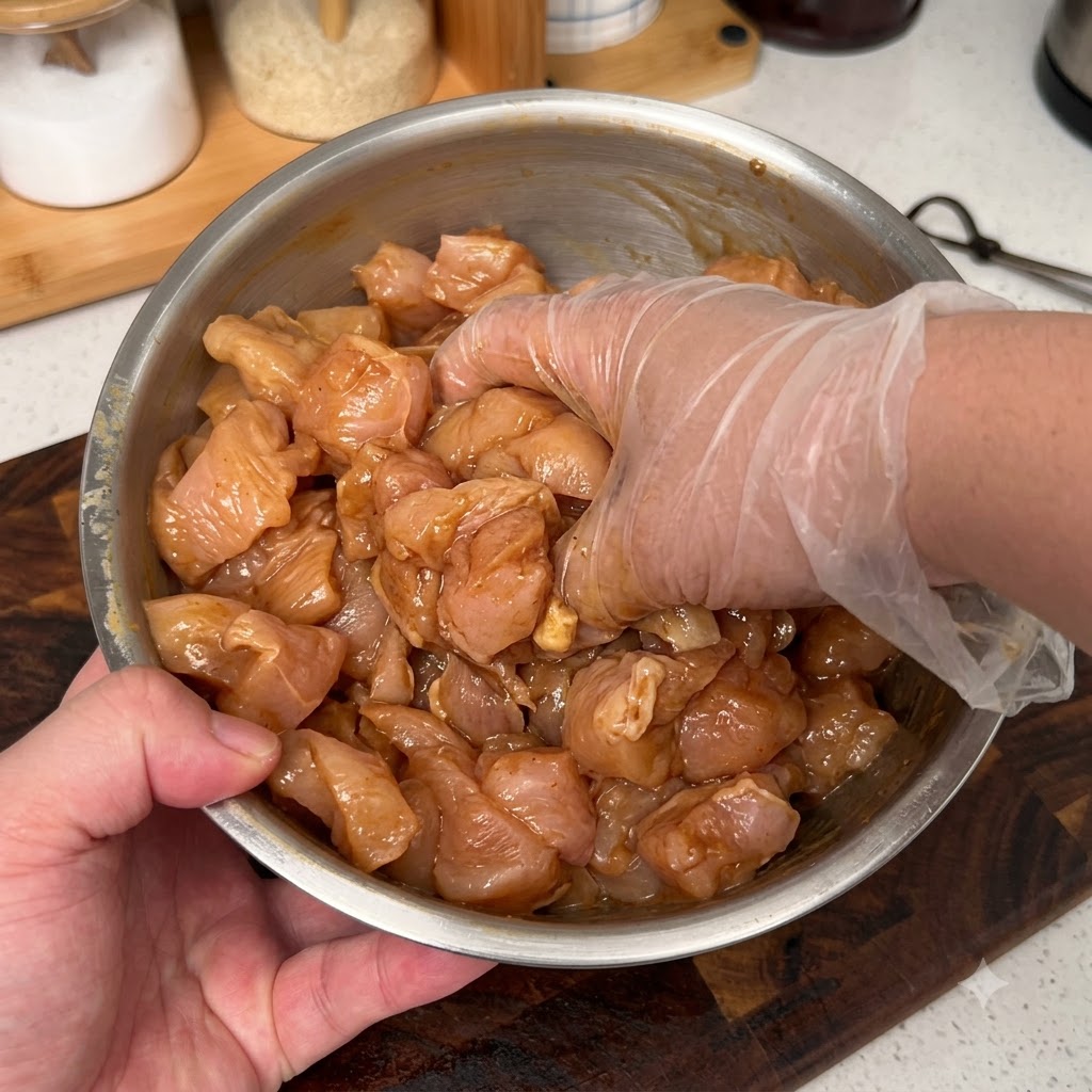 金属製のボウルに入った切った鶏肉に、手で調味料を揉み込んでいる様子。