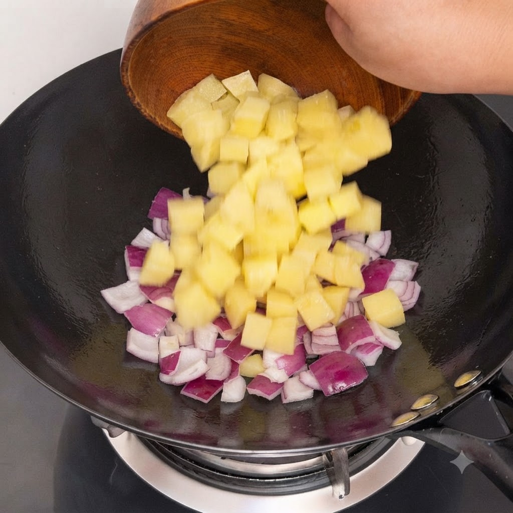刻んだ紫玉ねぎを熱した中華鍋に投入して炒めている様子。