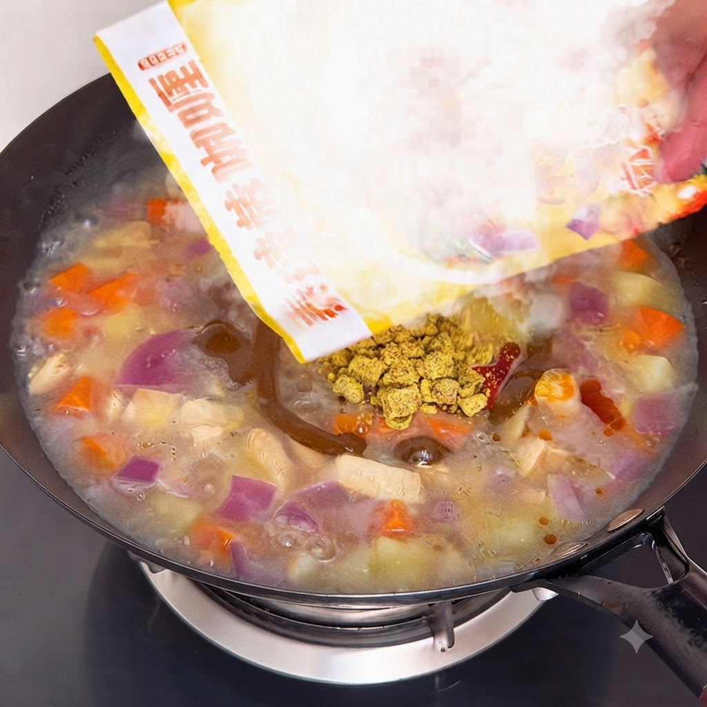 鶏肉、じゃがいも、人参が入った煮込み中の鍋に、熱湯とカレールウを加えている様子。
