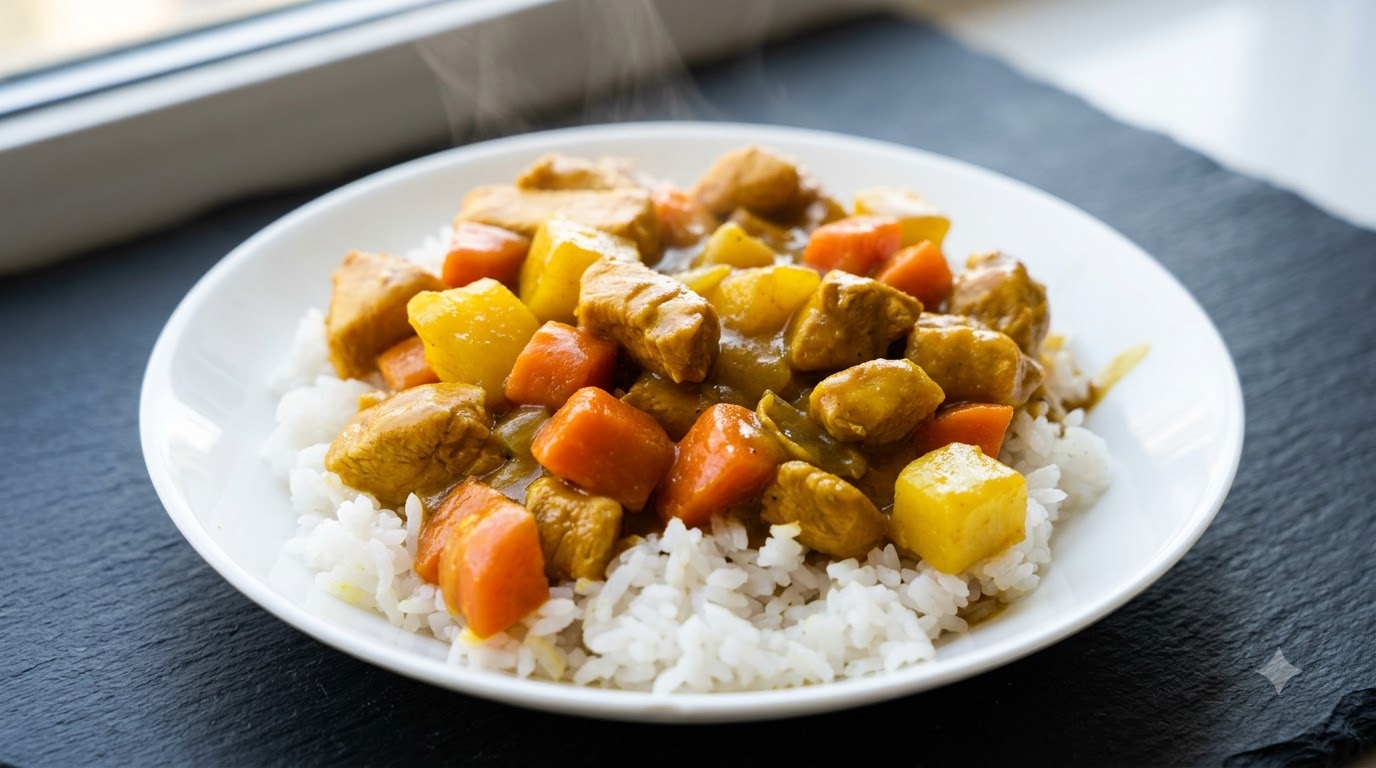 白い大きなお皿に盛られたふっくらとした白ご飯の上に、柔らかい鶏肉、じゃがいも、人参が入った濃厚でツヤのあるチキンカレーがたっぷりとかかっている様子。