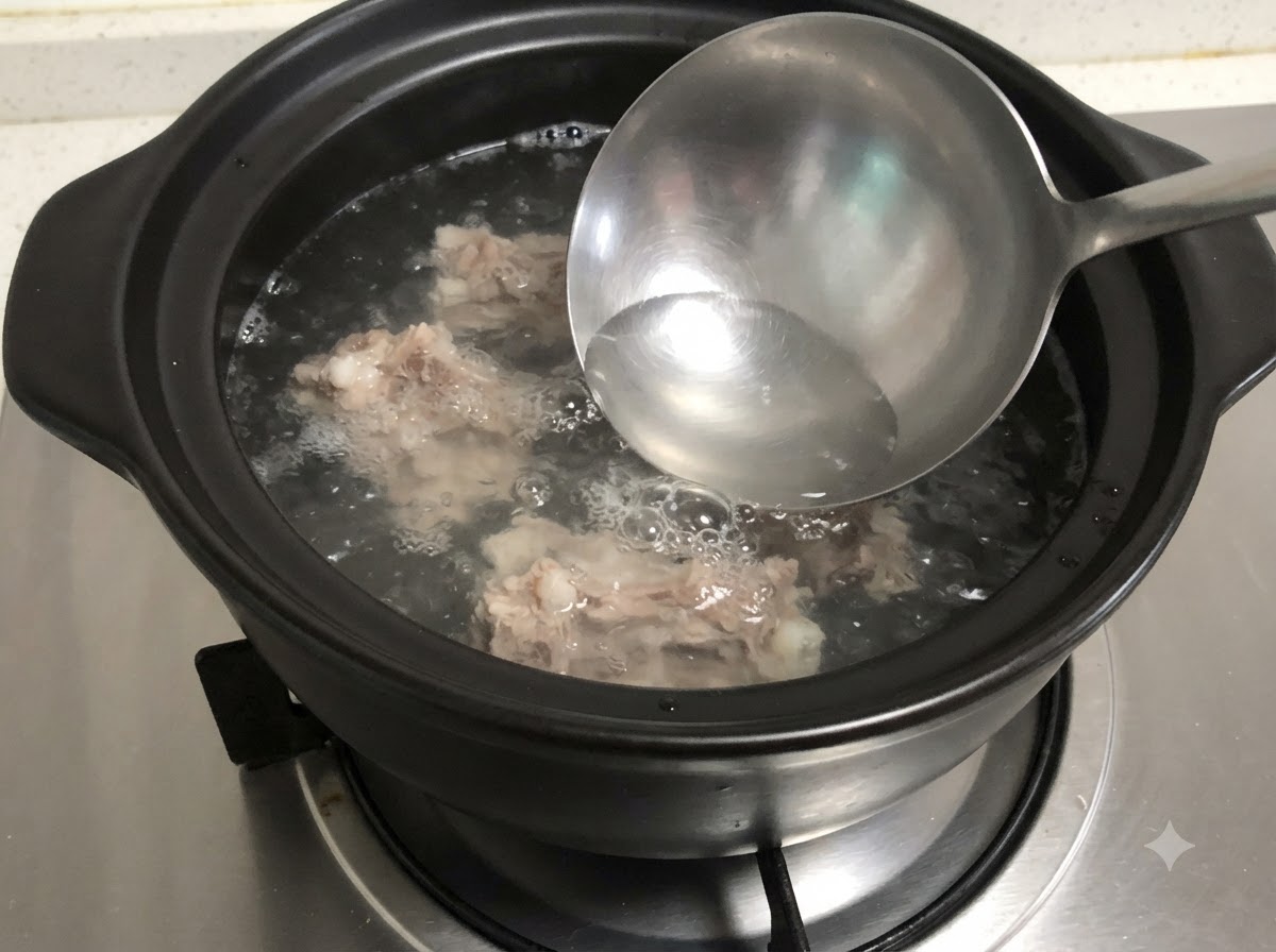 土鍋で煮立っている豚骨から、おたまで灰色の泡を取り除いている様子。