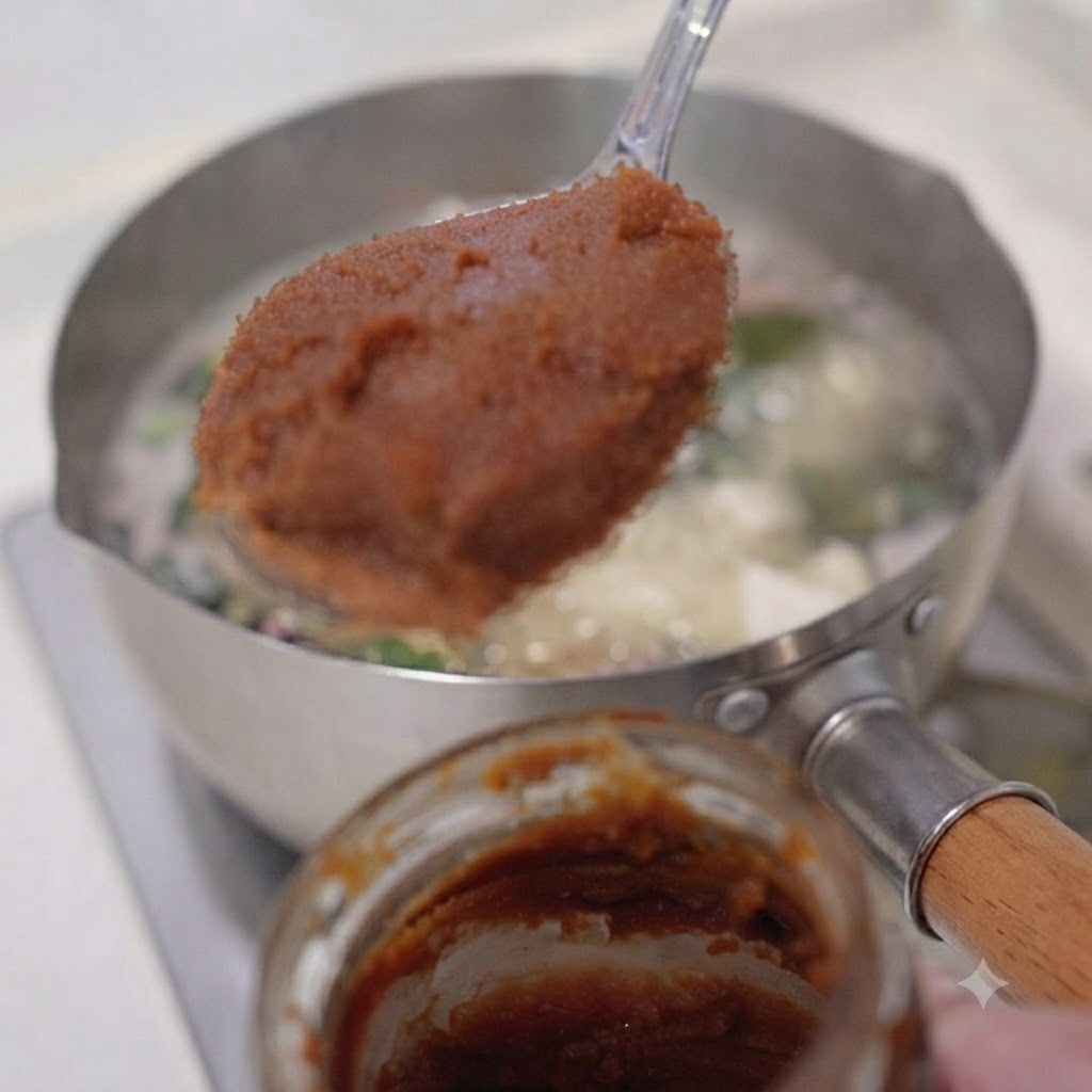 スープが煮立つ鍋の背景をボケ味にし、みそをすくったスプーンを持ち上げている様子。