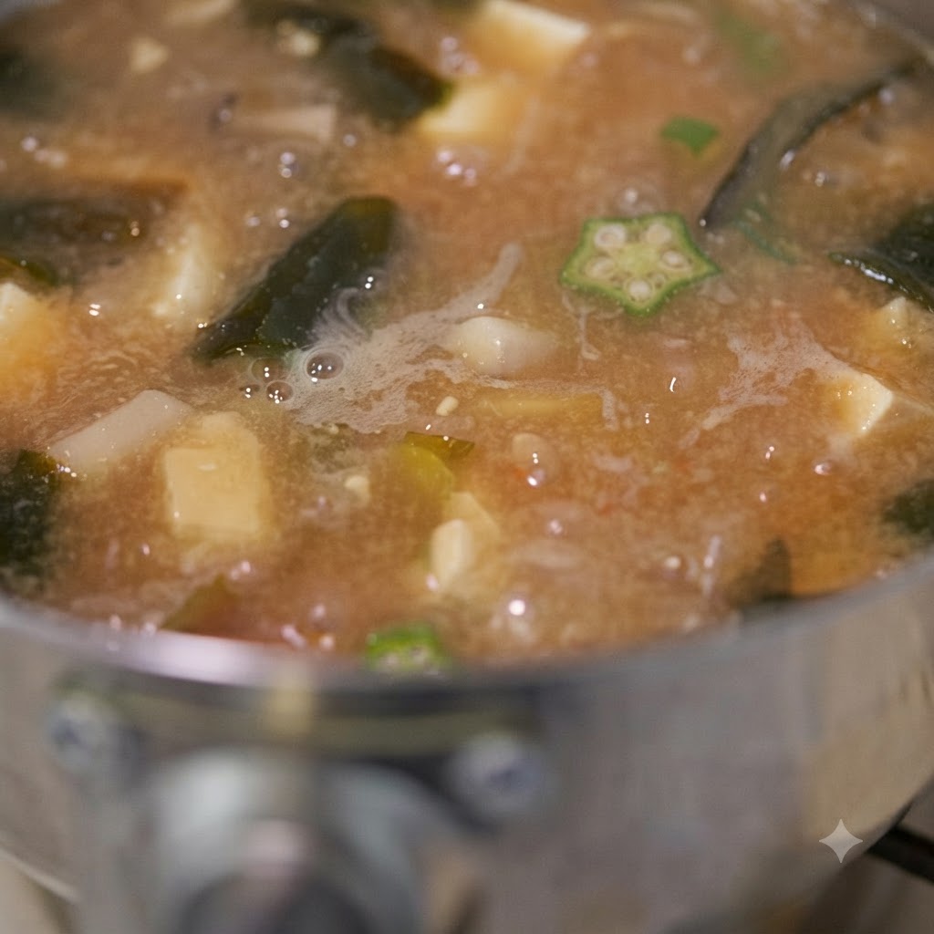 オクラ、豆腐、キノコが見える状態で、スープをオタマで優しくかき混ぜているクローズアップ。