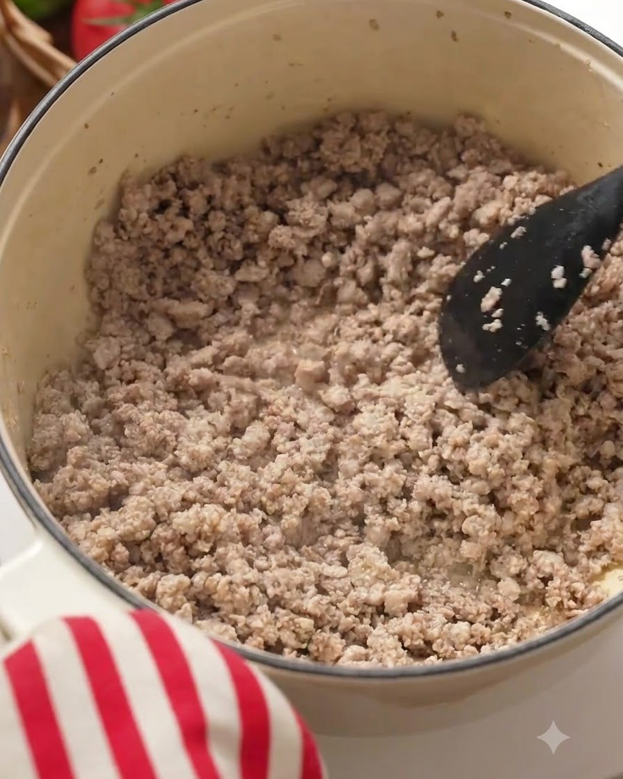 炒めたお肉が入った鍋の中に、みじん切りにしたニンニクが加えられている様子。