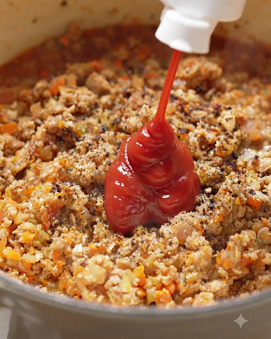 味付けされた肉と野菜の混合物に、ケチャップが直接絞り入れられている様子。
