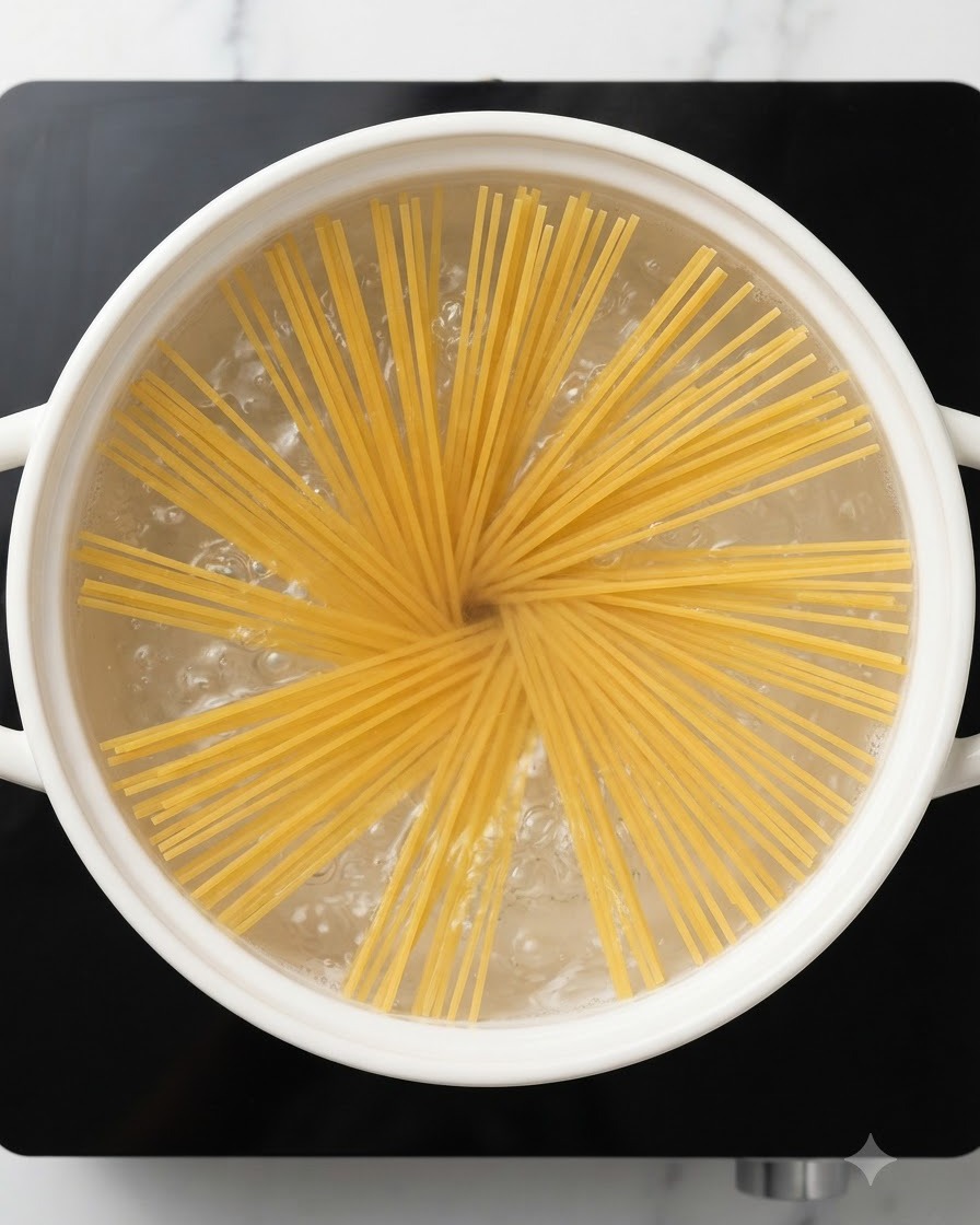 沸騰した鍋の中に、乾燥したスパゲッティの麺が放射状に広げられている様子。