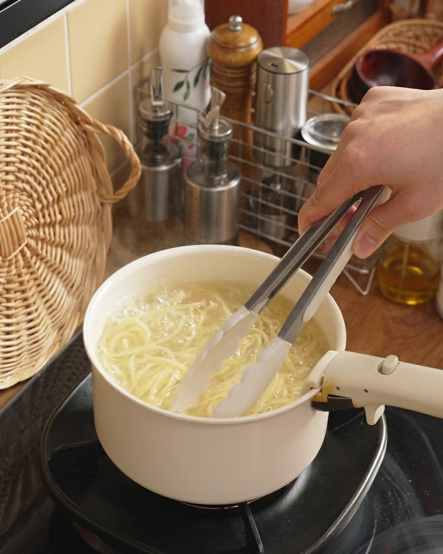 沸騰したお湯の中で茹でられているスパゲッティの麺をトングでかき混ぜている様子。