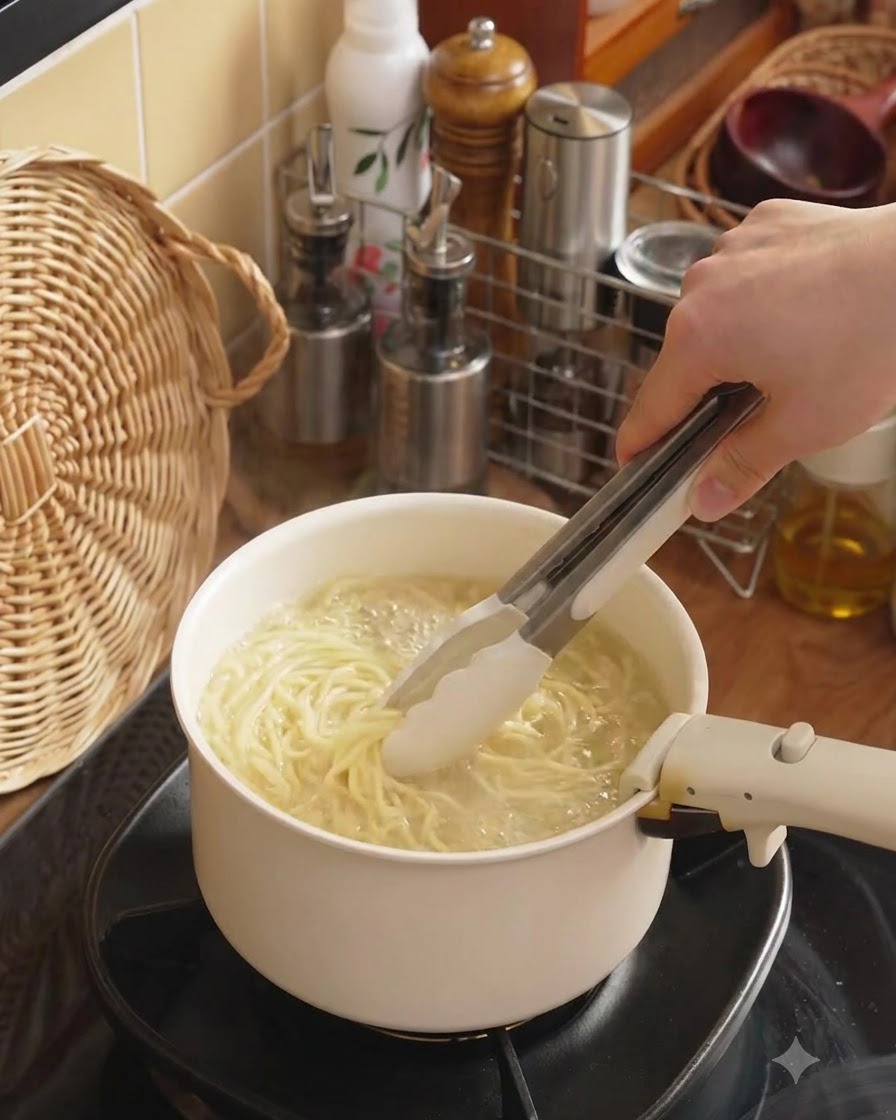 茹で上がったスパゲッティの麺をトングで持ち上げている様子。