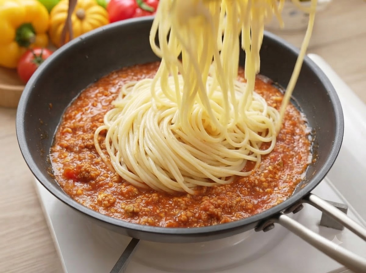 フライパンの中で、茹で上がったスパゲッティの麺がトマトミートソースとトングで和えられている様子。