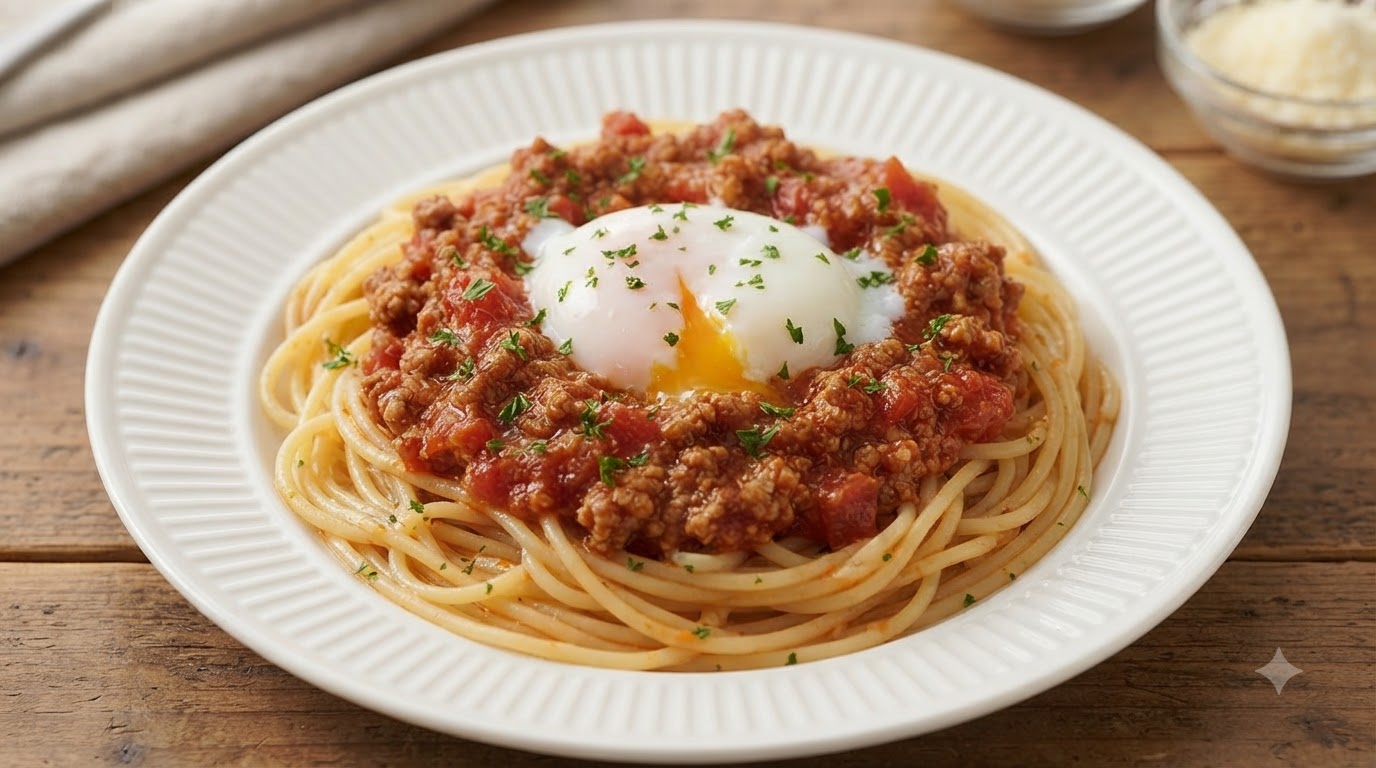 半熟卵のせクラシックトマトミートソーススパゲッティ