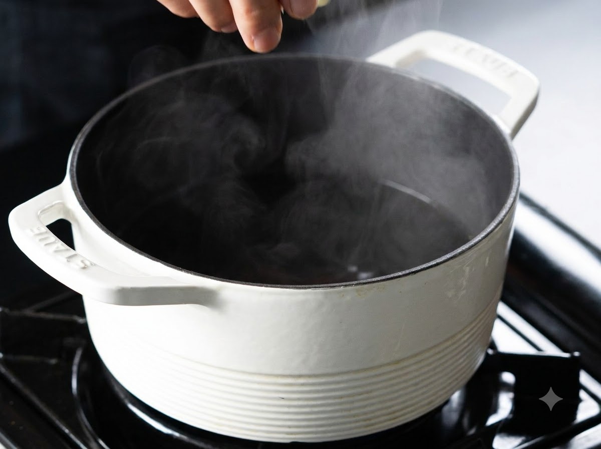 大きな白い鍋に入った沸騰したお湯に、塩を振り入れている様子。