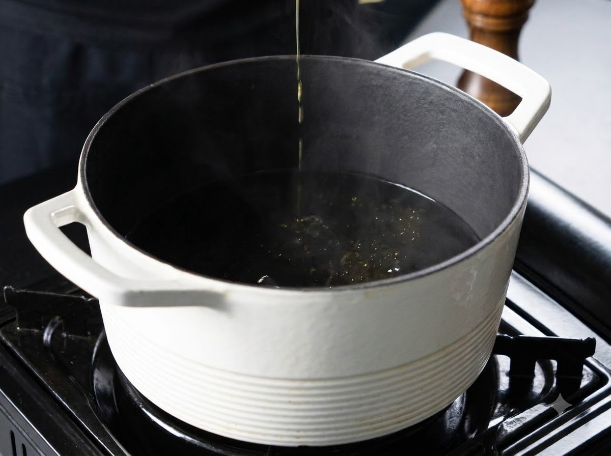 沸騰した鍋の中でパスタが茹で上がり、水流と湯気が立ち上っている様子。