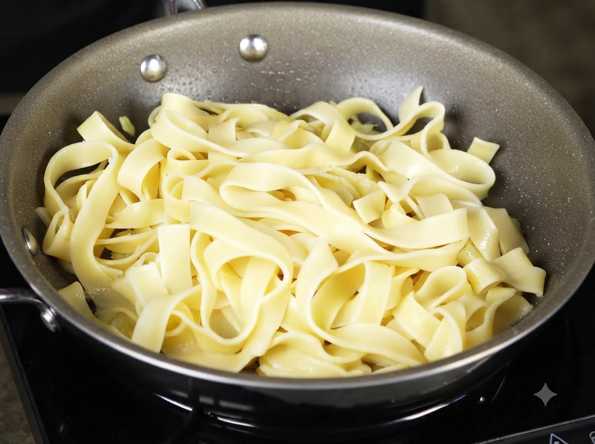 お玉ですくったデンプン質の茹で汁を、調理中のフライパンの中の麺にかけている様子。