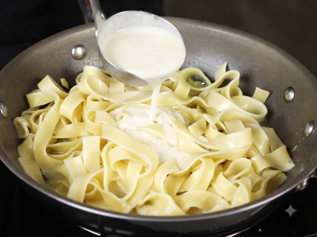 お玉からフライパンのパスタに向けて生クリームを注いでいる様子。