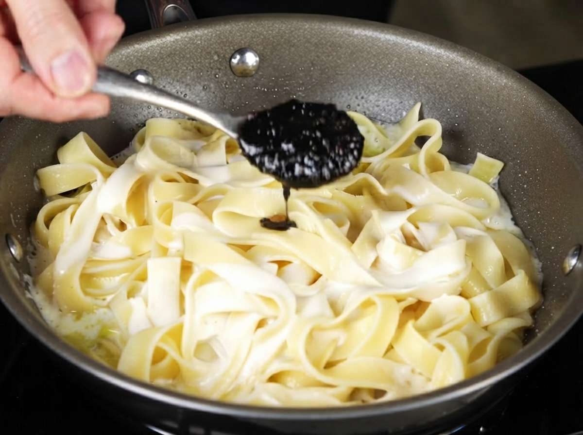 スプーンですくった黒トリュフソースを、フライパンのパスタの上に落としている様子。