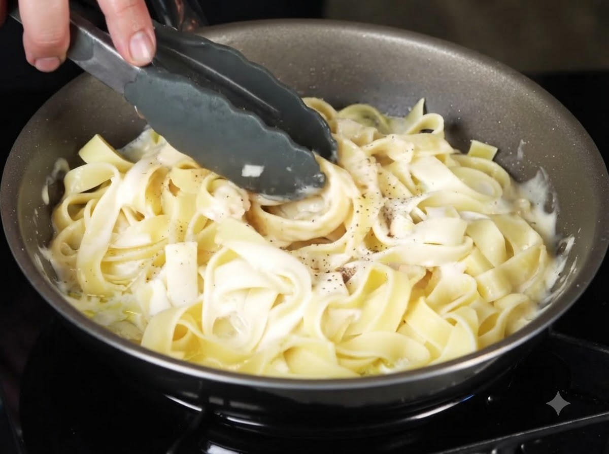 フライパンの中でトングを使ってクリーミーな黒トリュフパスタを混ぜ合わせている様子。