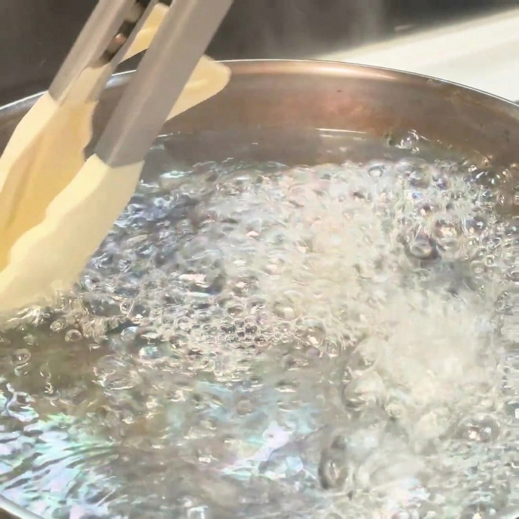 キッチントングを使って沸騰したお湯にスパゲッティの麺を入れている様子。
