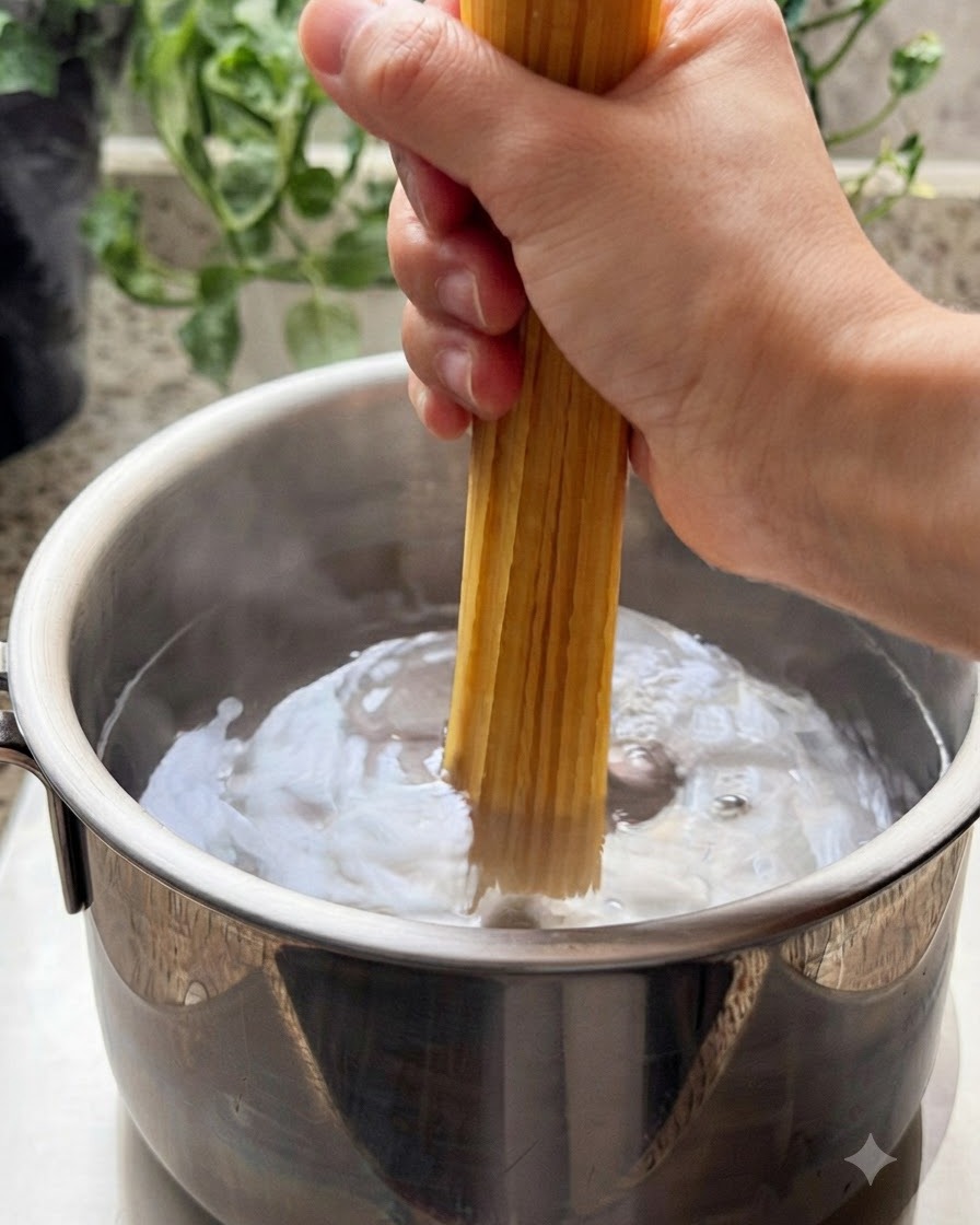沸騰したお湯の入った鍋に乾燥したスパゲッティの束を入れている様子。