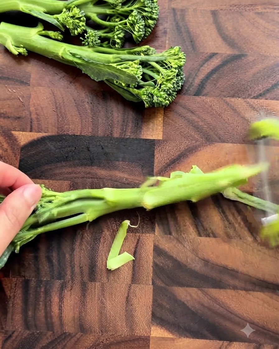 木のまな板の上で緑色の野菜の茎の皮をむき、刻んでいる様子。