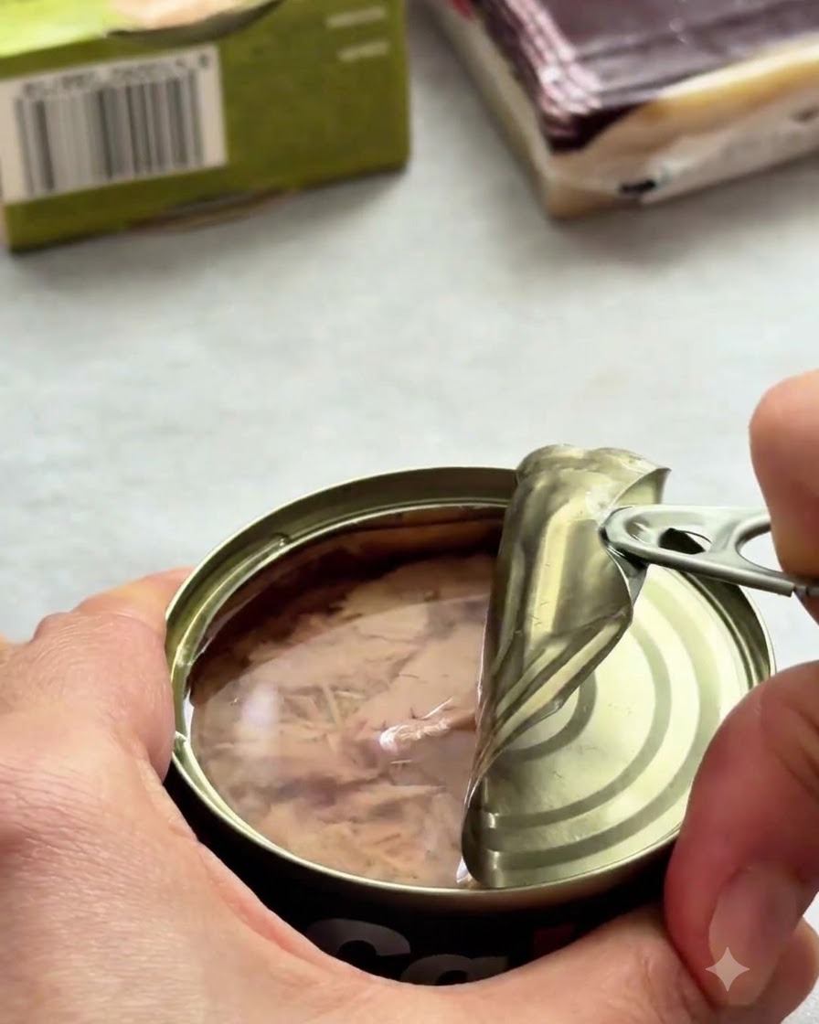 プルタブ式でツナ缶が開けられている様子。