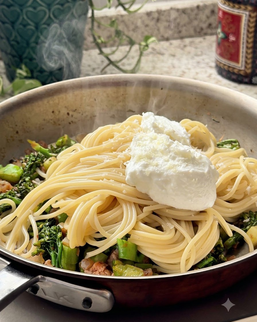 フライパンの調理済みパスタの上に、フレッシュなレモンの皮がすりおろされている様子。